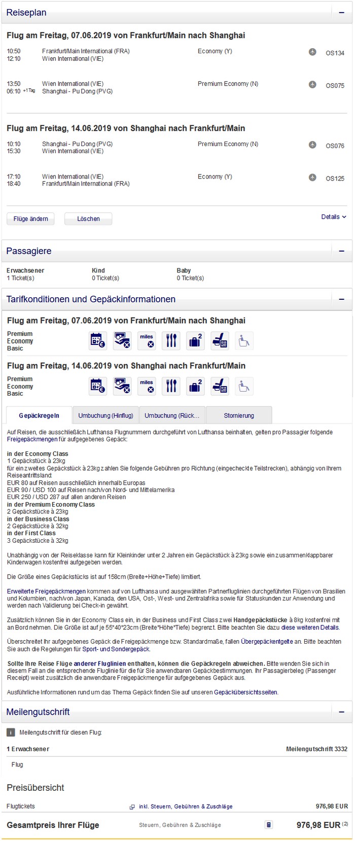 Preisbeispiel von Frankfurt nach Shanghai in der Premium-Economy-Class