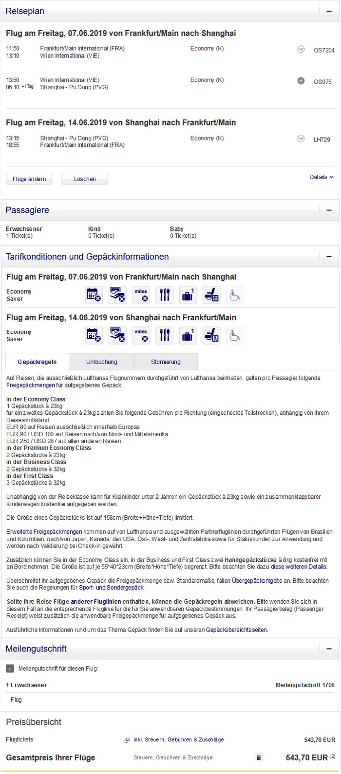 Preisbeispiel von Frankfurt nach Shanghai in der Economy-Class