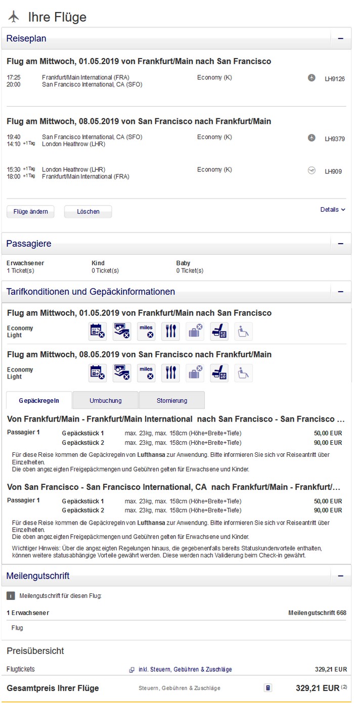 Preisbeispiel von Frankfurt nach San Francisco in der Economy-Class