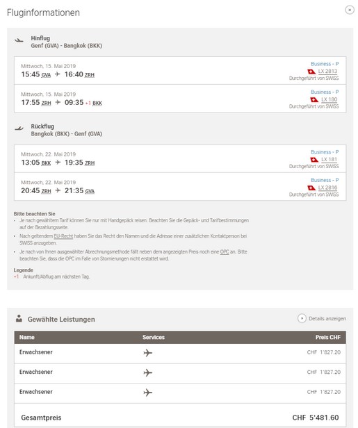 Preisbeispiel (Partnertarif für drei Personen) von Genf nach Bangkok in der Business-Class