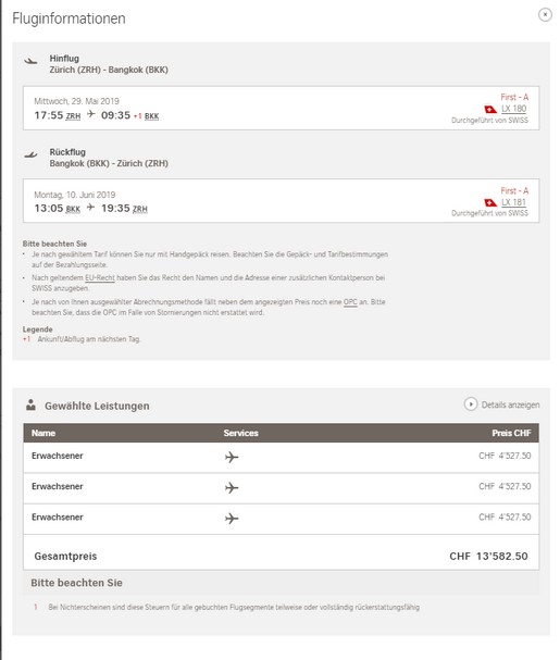 Preisbeispiel (Partnertarif für drei Personen) von Zürich nach Bangkok in der First-Class