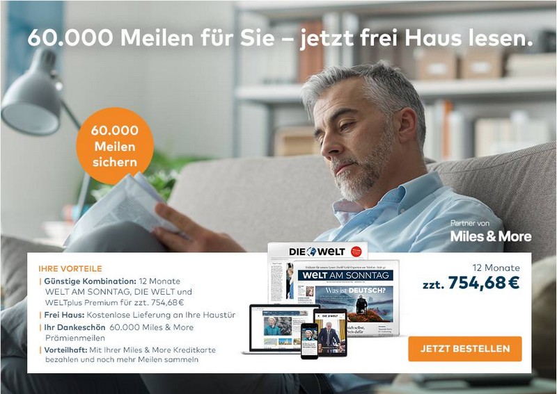 60.000 Miles and More Meilen für 755 EUR durch ein Jahresabonnement der Die Welt, Welt am Sonntag und WELTplus Premium