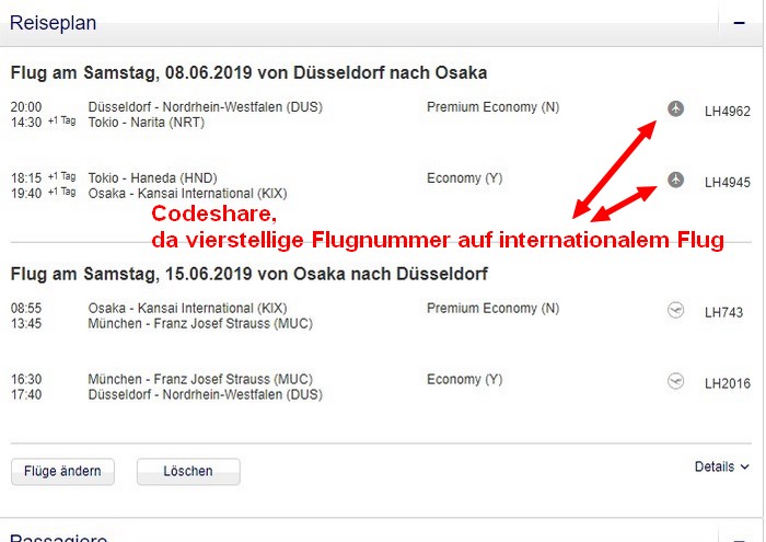 Beispiel von Düsseldorf nach Osaka in der Premium-Economy-Class mit Codeshare Flug