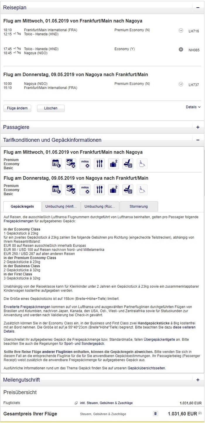 Preisbeispiel von Frankfurt nach Nagoya in der Premium-Economy-Class