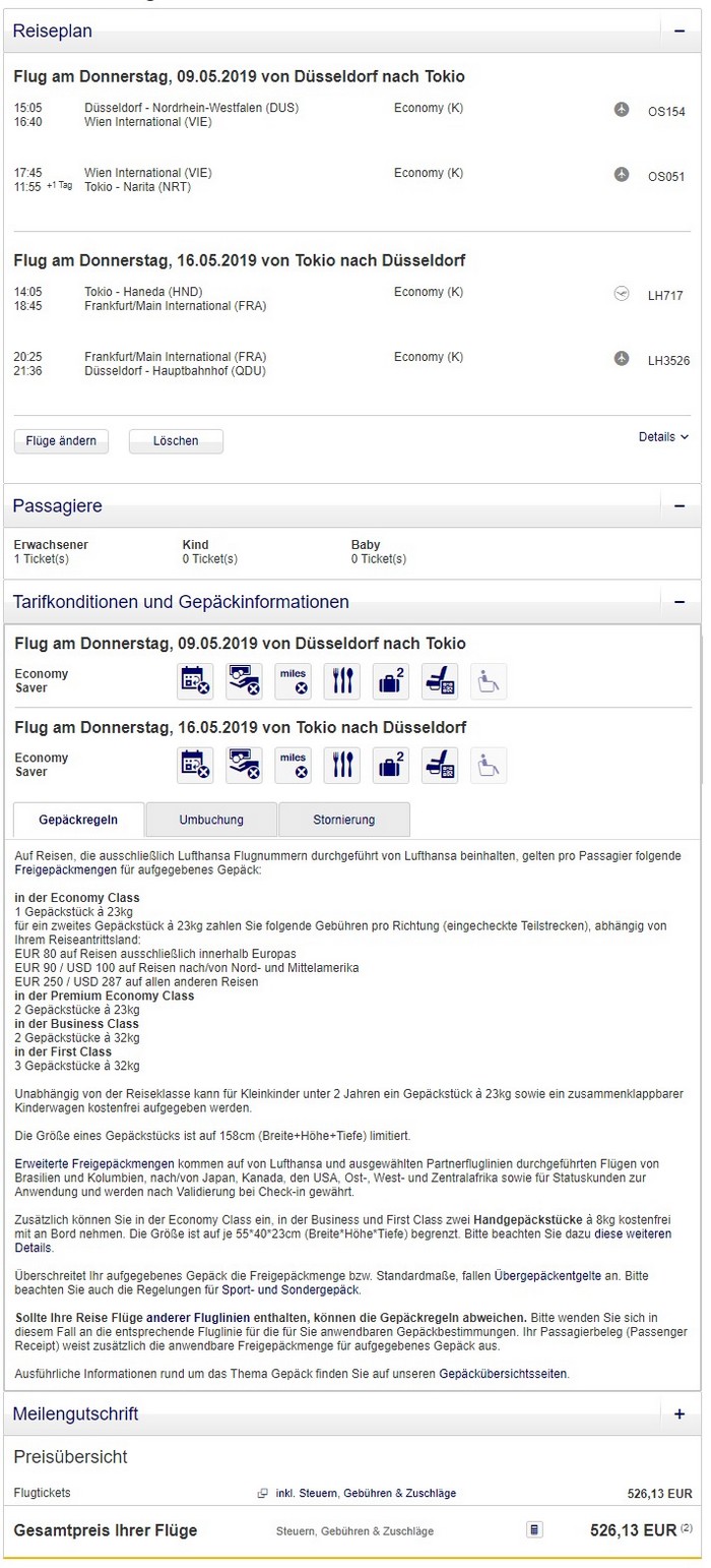 Preisbeispiel von Düsseldorf nach Tokyo in der Economy-Class