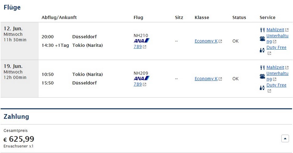 Preisbeispiel von Düsseldorf nach Tokyo in der Economy-Class