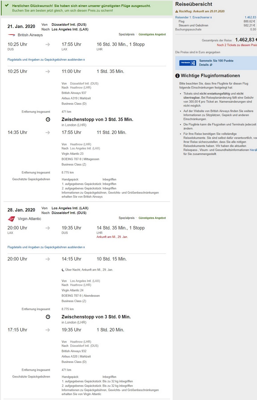 Preisbeispiel von Düsseldorf nach Los Angeles in der Business-Class