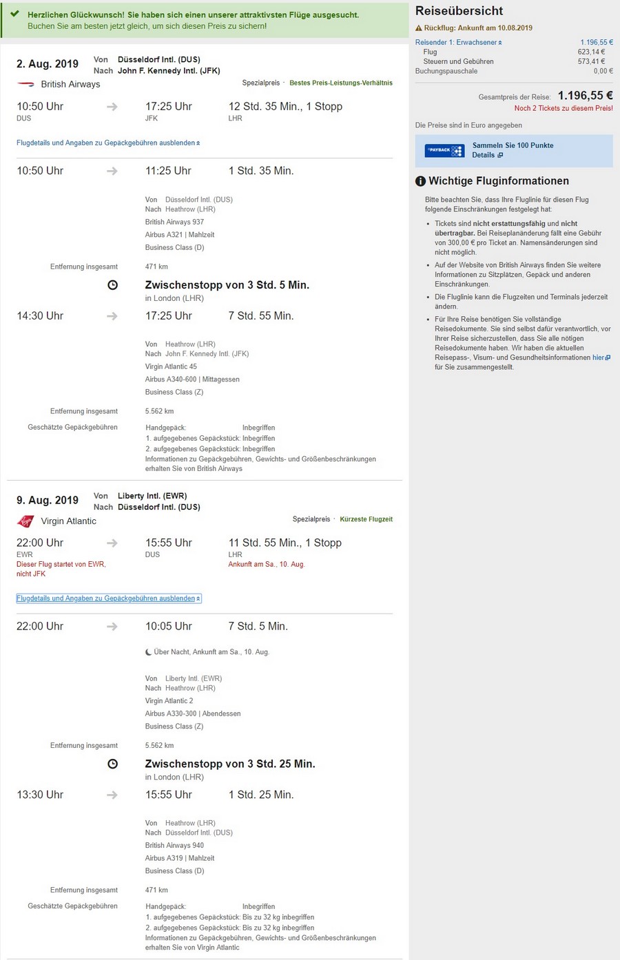 Preisbeispiel von Düsseldorf nach New York in der Business-Class