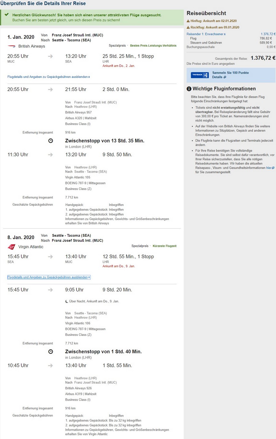 Preisbeispiel von München nach Seattle in der Business-Class