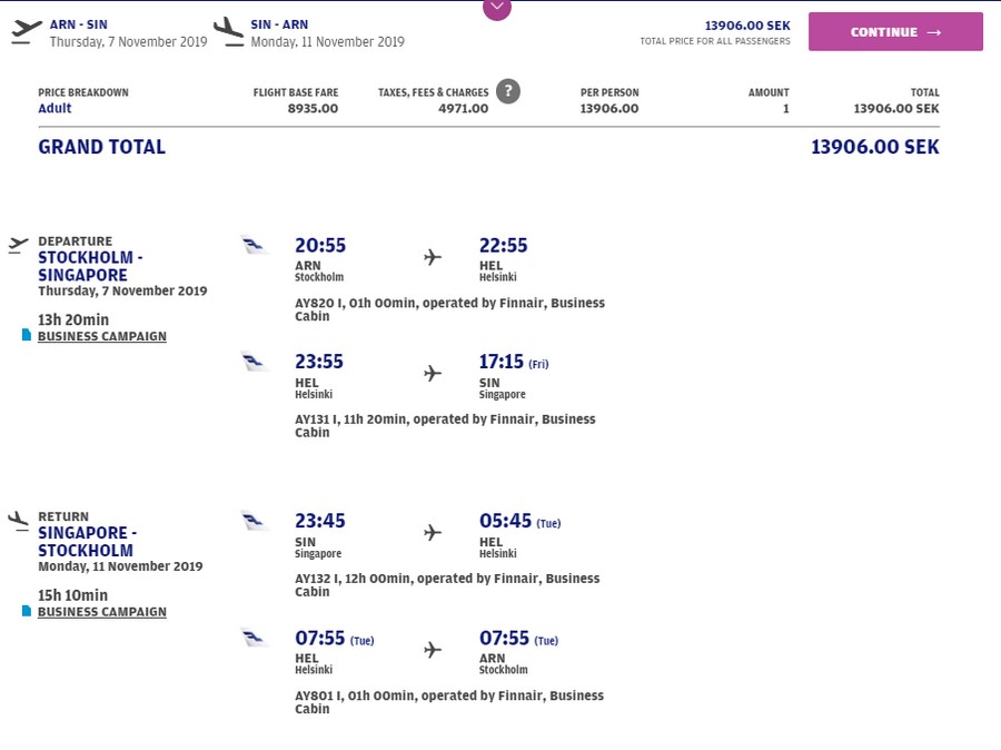 Preisbeispiel von Stockholm nach Singapore in der Finnair Business-Class