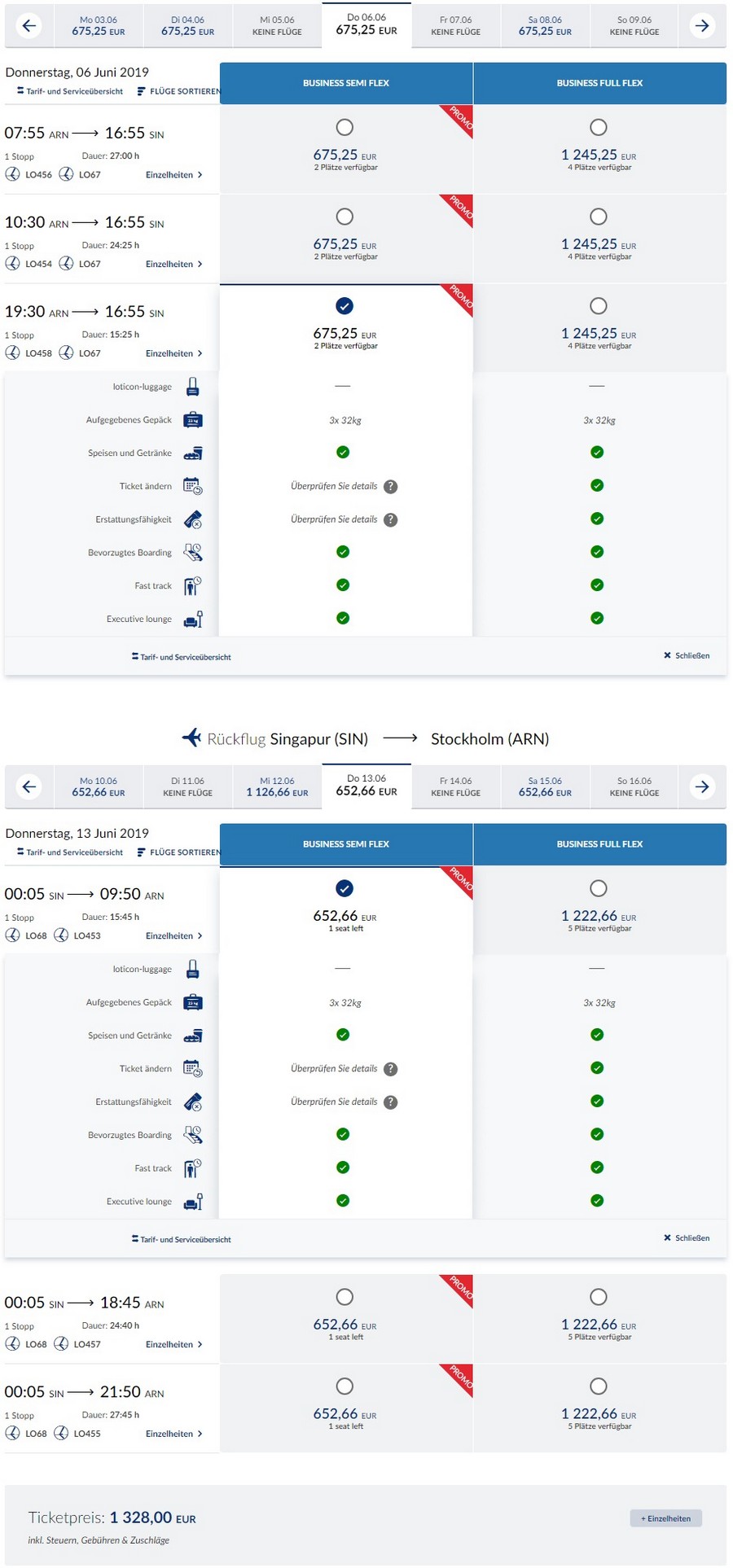 Preisbeispiel von Stockholm nach Singapore in der LOT Business-Class