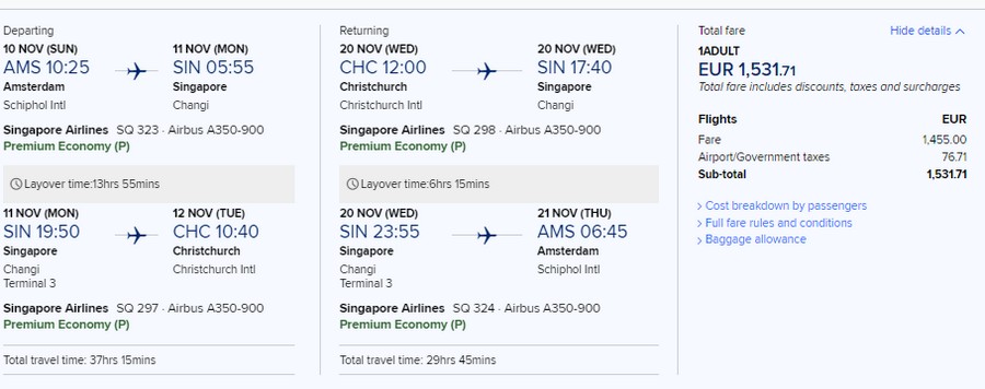 Preisbeispiel von Amsterdam nach Christchurch in der Singapore Airlines Premium-Economy-Class