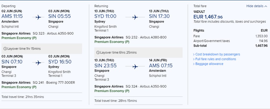 Preisbeispiel von Amsterdam nach Sydney in der Singpore Airlines Premium-Economy-Class