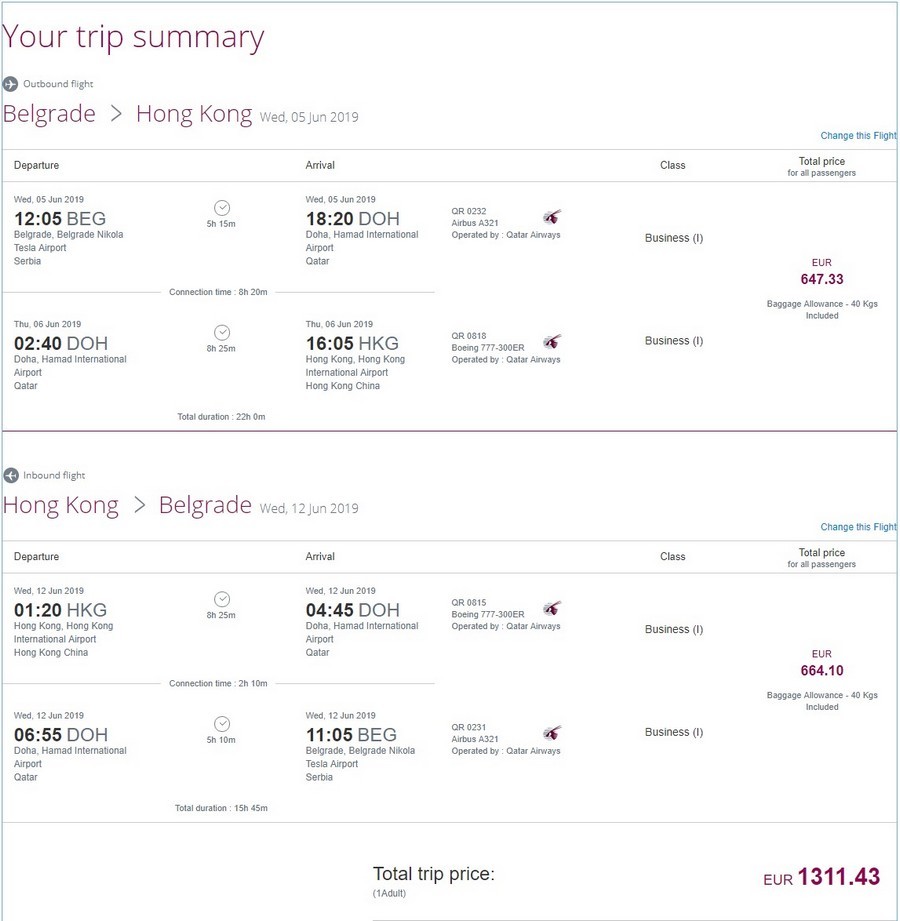 Preisbeispiel von Belgrad nach Hong Kong in der Qatar Airways Business-Class