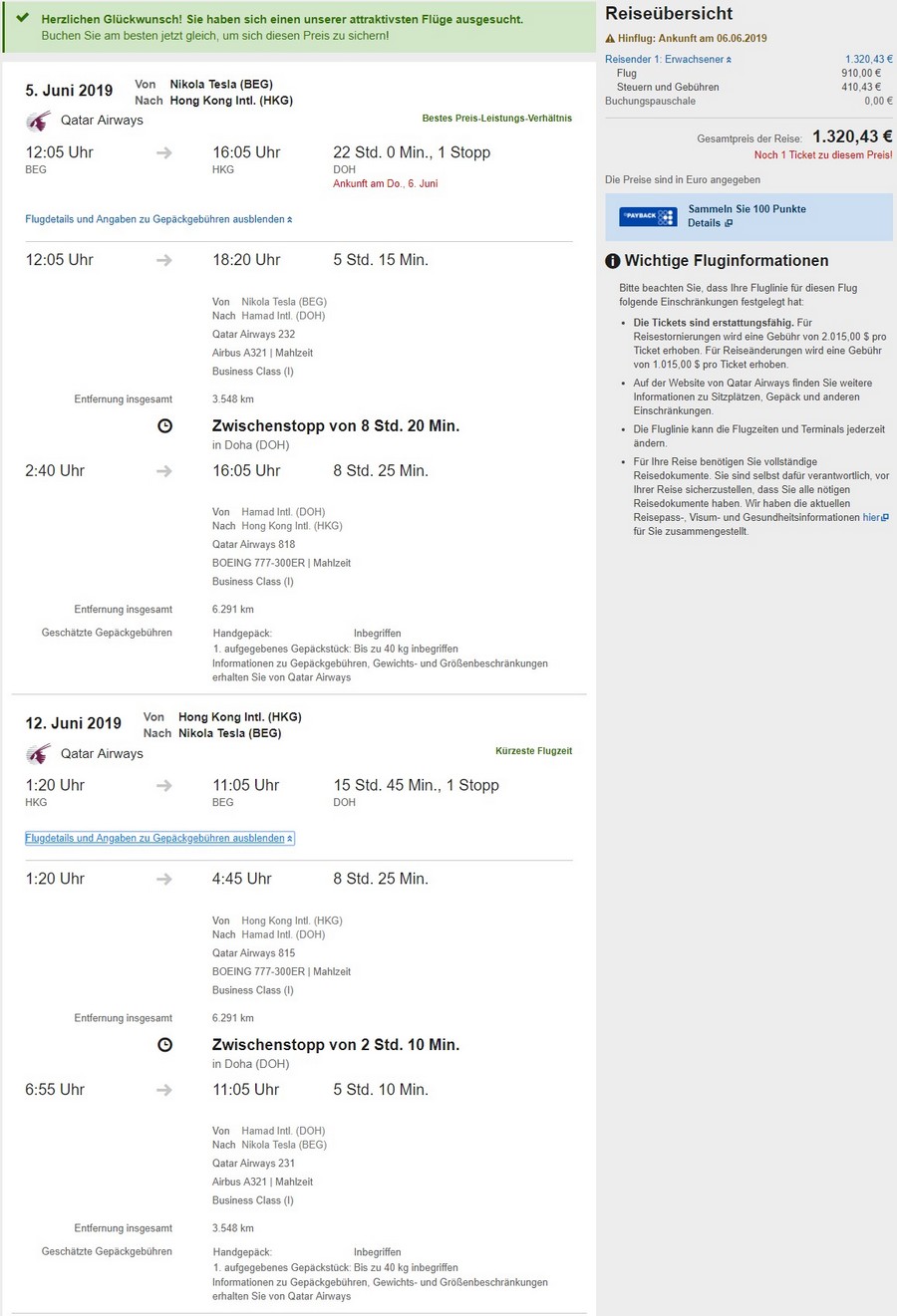 Preisbeispiel von Belgrad nach Hong Kong in der Qatar Airways Business-Class (Expedia)