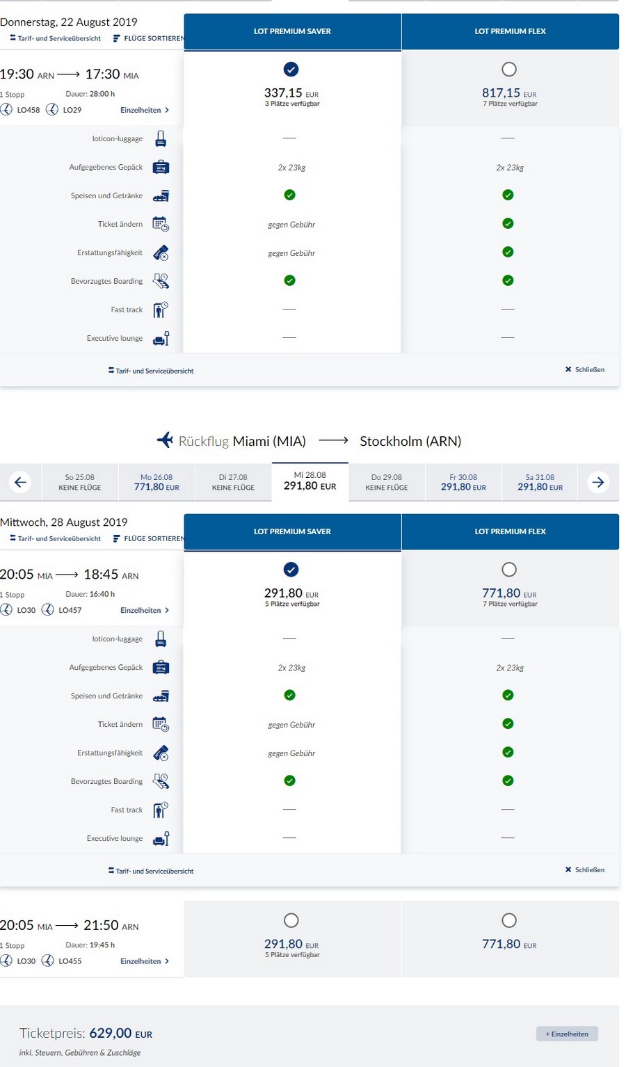 Preisbeispiel von Stockholm nach Miami in der LOT Premium-Economy-Class