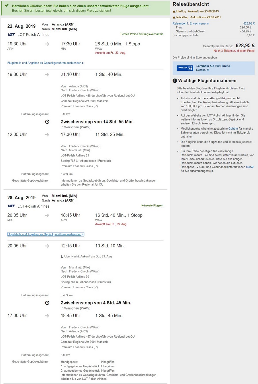 Preisbeispiel von Stockholm nach Miami in der LOT Premium-Economy-Class