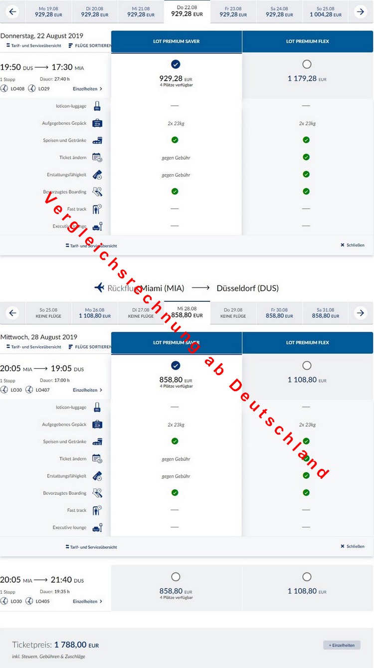 Preisbeispiel von Düsseldorf nach Miami in der LOT Premium-Economy-Class