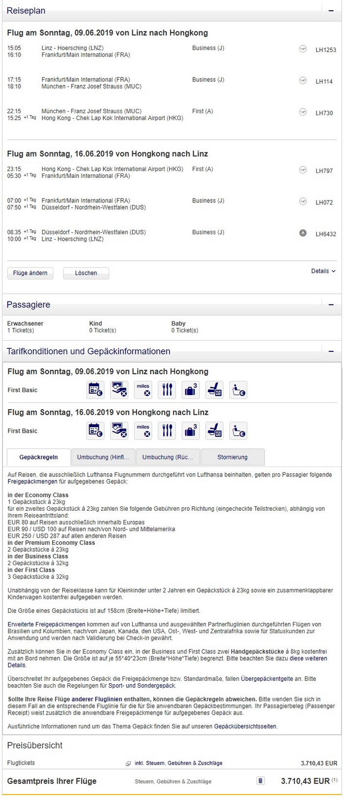 Preisbeispiel von Linz nach Hong Kong in der Lufthansa First-Class