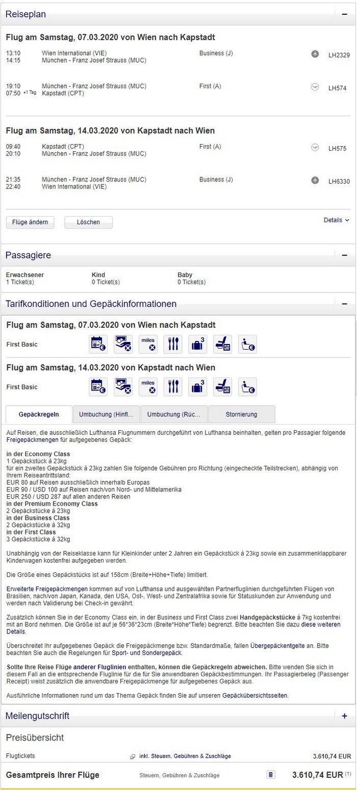 Preisbeispiel von Wien nach Kaptstadt in der Lufthansa First-Class