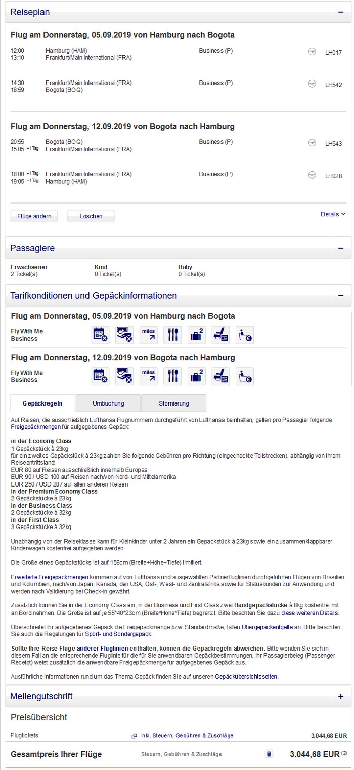 Partnerspecial Preisbeispiel von Hamburg nach Bogota in der Lufthansa Business-Class