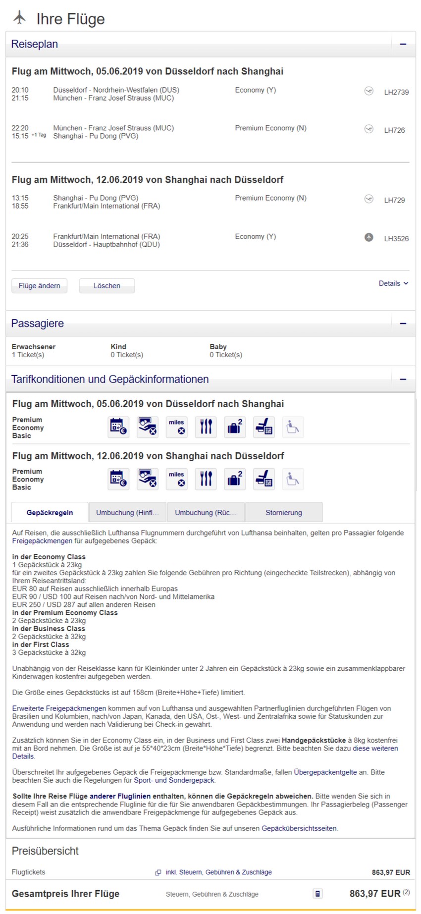 Preisbeispiel von Düsseldorf nach Shanghai in der Lufthansa Premium-Economy-Class