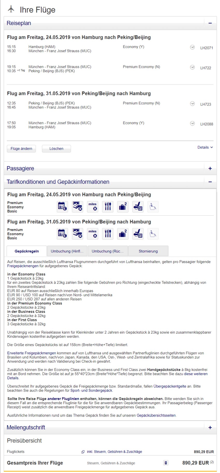 Preisbeispiel von Düsseldorf nach Peking in der Lufthansa Premium-Economy-Class