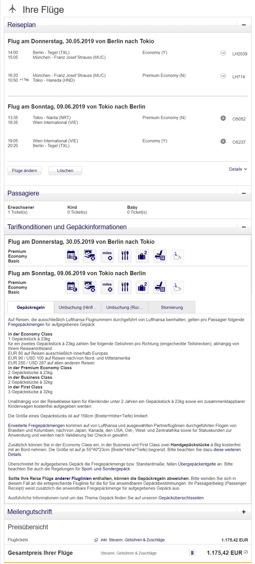 Preisbeispiel von Berlin nach Tokyo in der Lufthansa Premium-Economy-Class