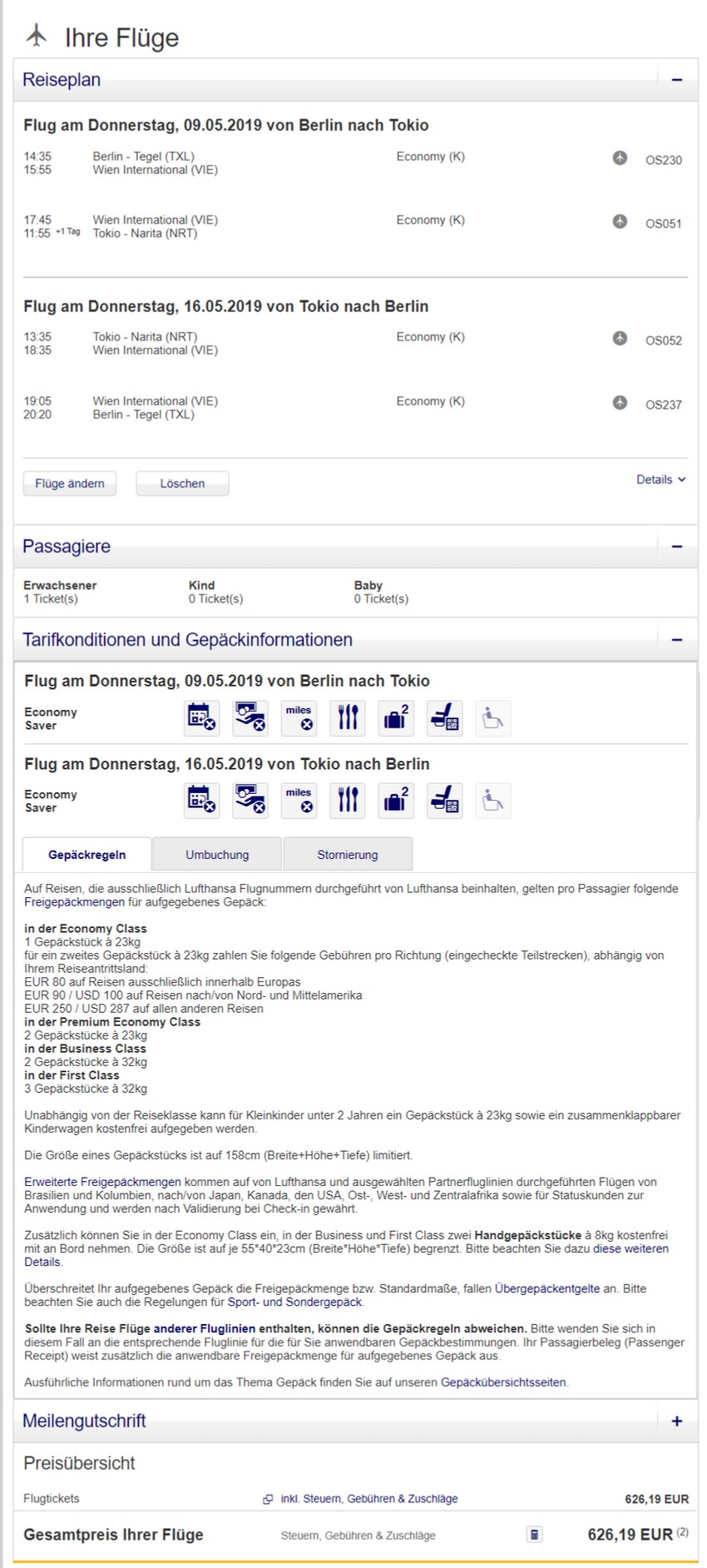 Preisbeispiel von Berlin nach Tokyo in der Lufthansa Economy-Class