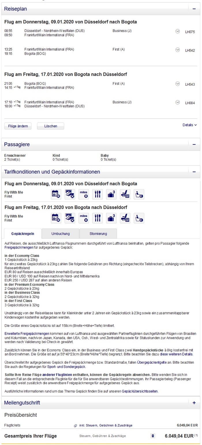 Partnerspecial Preisbeispiel von Düsseldorf nach Bogota in der Lufthansa First-Class