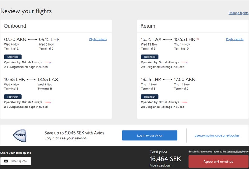 Preisbeispiel von Stockholm nach Los Angeles in der British Airways Business-Class