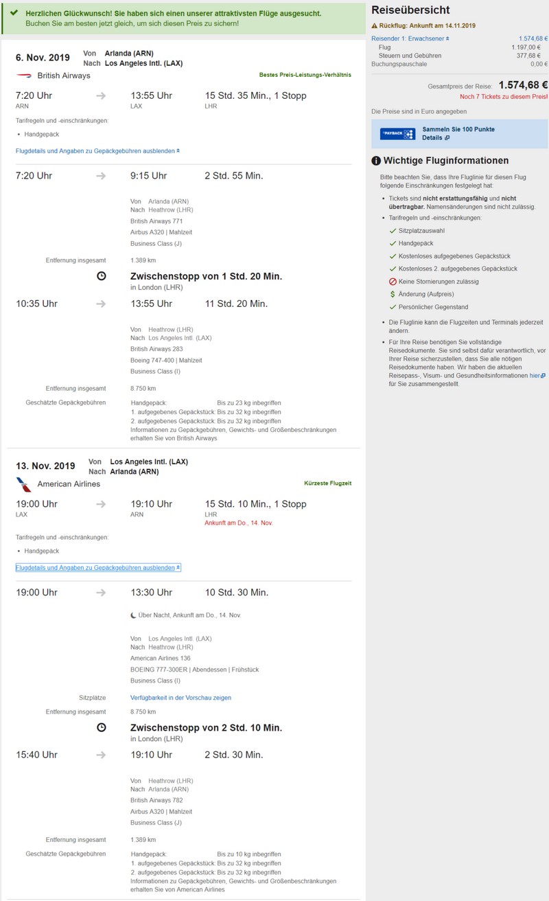 Preisbeispiel von Stockholm nach Los Angeles in der British Airways Business-Class