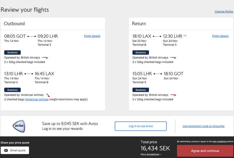 Preisbeispiel von Göteborg nach Los Angeles in der British Airways Business-Class