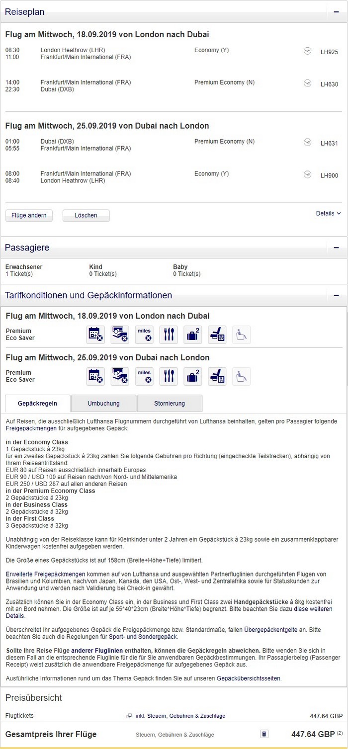 Preisbeispiel von London nach Dubai in der Lufthansa Premium-Economy-Class