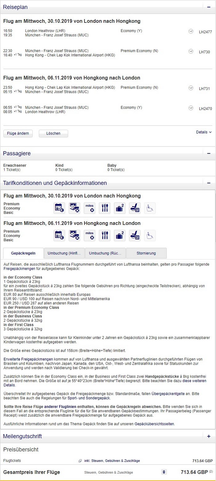 Preisbeispiel von London nach Hong Kong in der Lufthansa Premium-Economy-Class