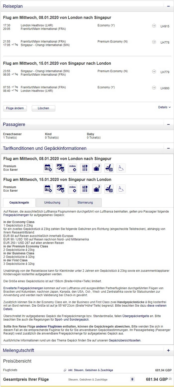 Preisbeispiel von London nach Singapore in der Lufthansa Premium-Economy-Class