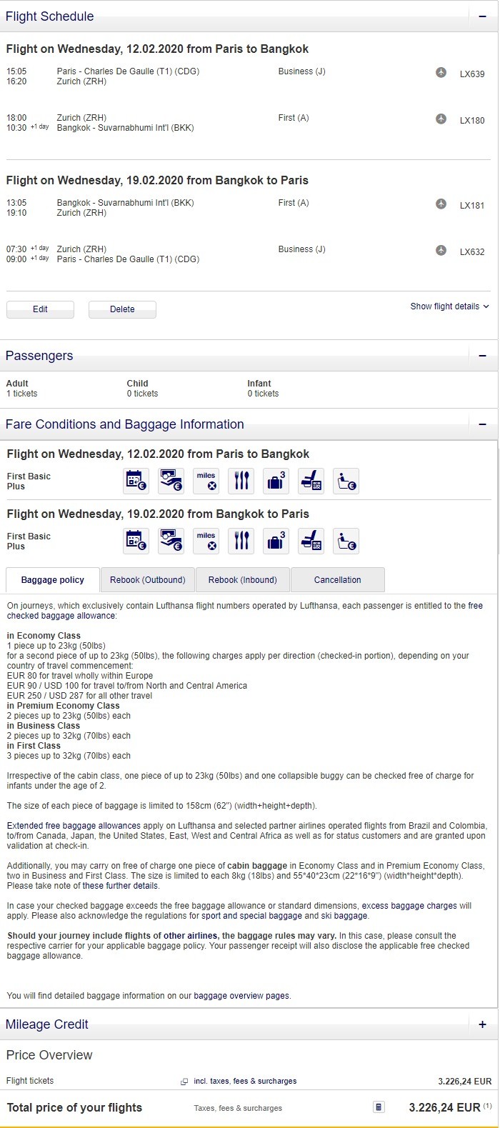 Preisbeispiel von Paris nach Bangkok in der Lufthansa First-Class