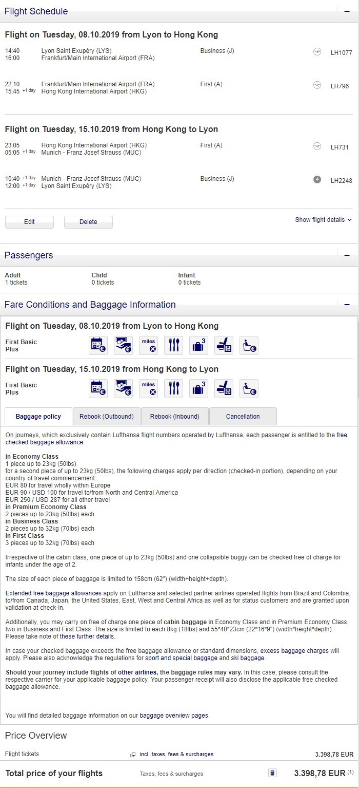 Preisbeispiel von Lyon nach Hong Kong in der Lufthansa First-Class