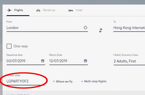 Access Code Eingabe für Lufthansa Partnertarife in Business und First-Class ab Großbritannien
