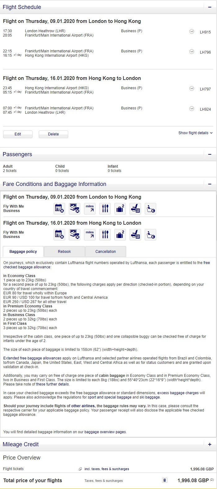 Preisbeispiel Partnerspecial von London nach Hong Kong in der Lufthansa Business-Class