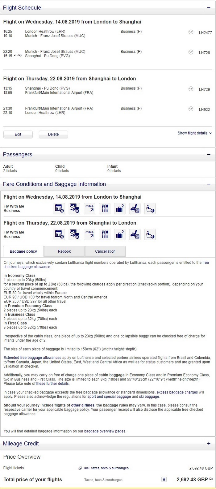 Preisbeispiel Partnerspecial von London nach Shanghai in der Lufthansa Business-Class