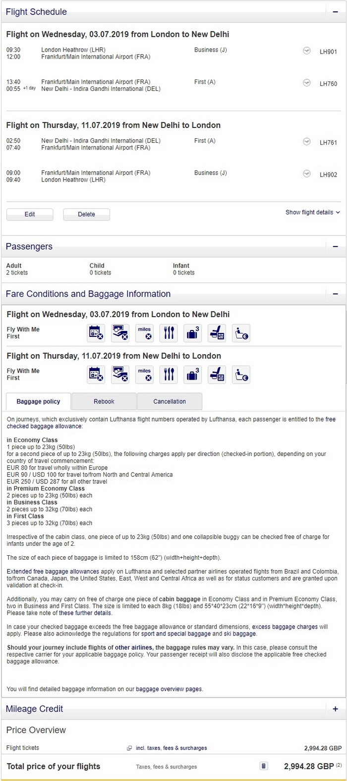 Preisbeispiel Partnerspecial von London nach New Delhi in der Lufthansa First-Class