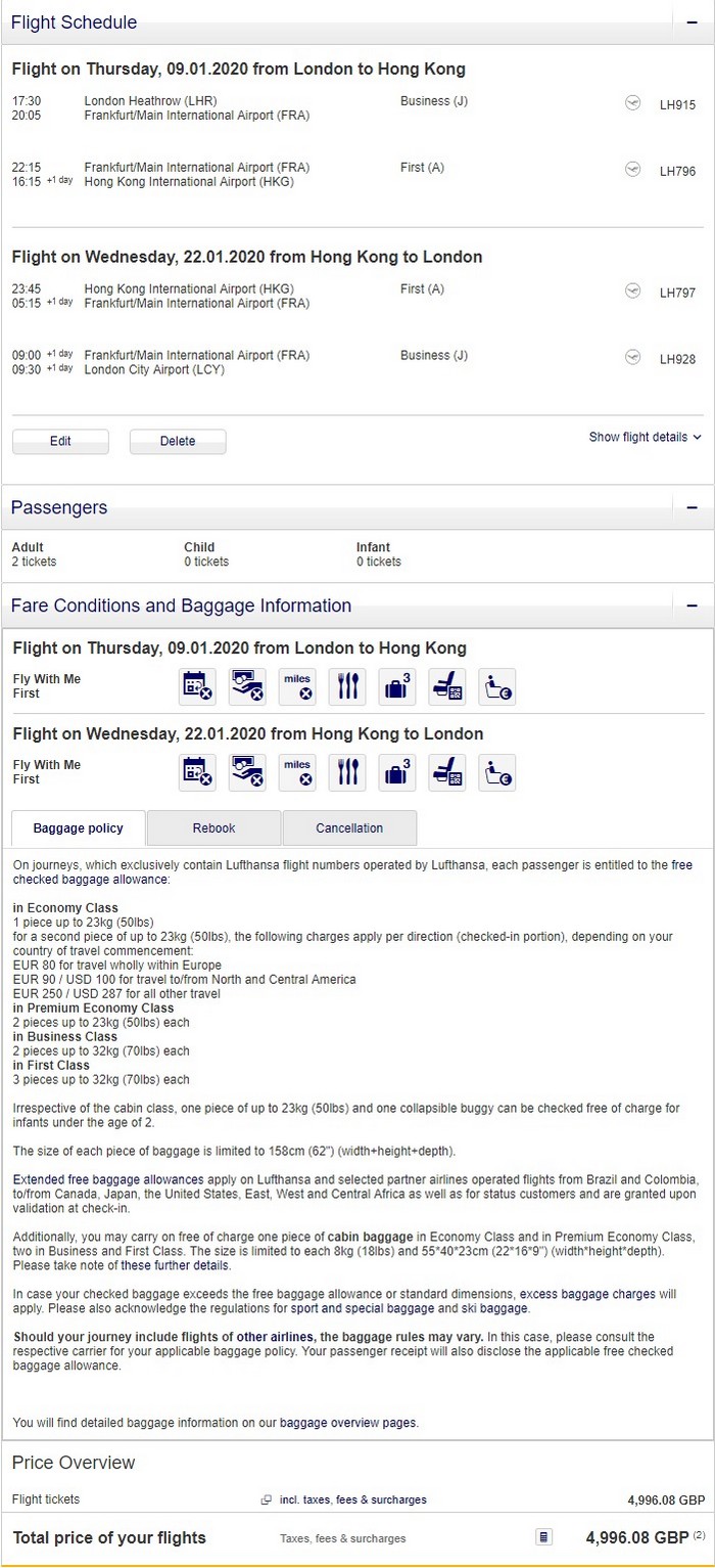 Preisbeispiel Partnerspecial von London nach Hong Kong in der Lufthansa First-Class