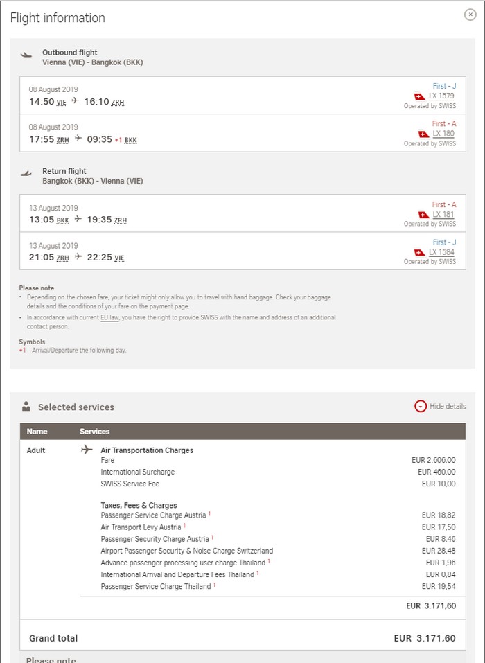 Preisbeispiel von Wien nach Bangkok in der Swiss First-Class