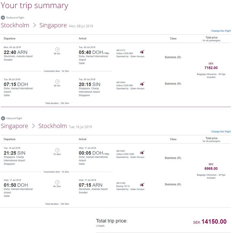 Preisbeispiel von Stockholm nach Singapore in der Qatar Airways Business-Class