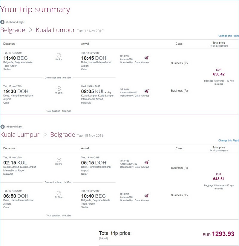 Preisbeispiel von Belgrad nach Kuala Lumpur in der Qatar Airways Business-Clas