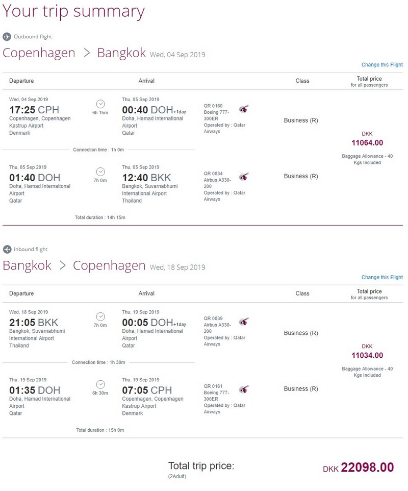 Preisbeispiel (Partnertarif) von Kopenhagen nach Bangkok in der Qatar Airways Business-Class