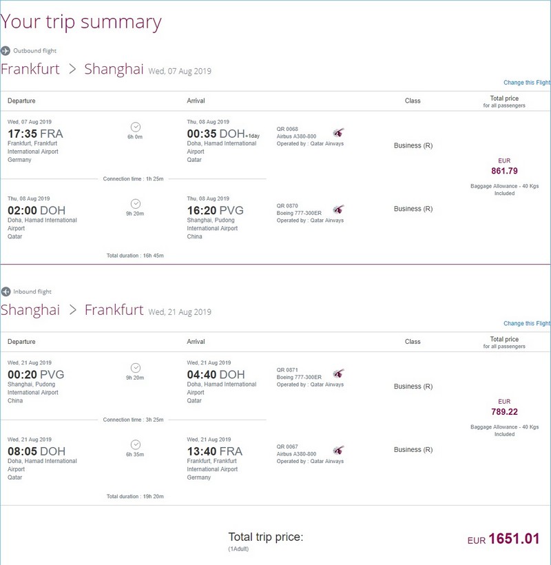 Preisbeispiel von Frankfurt nach Shanghai in der Qatar Airways Business-Class