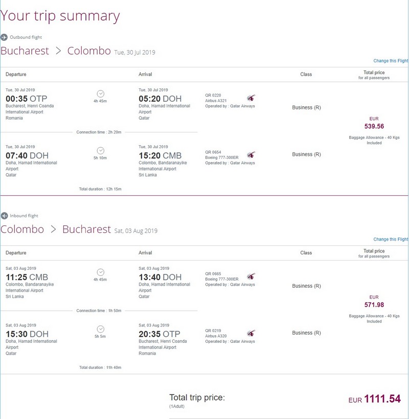 Preisbeispiel von Bucharest nach Colombo in der Qatar Airways Business-Class