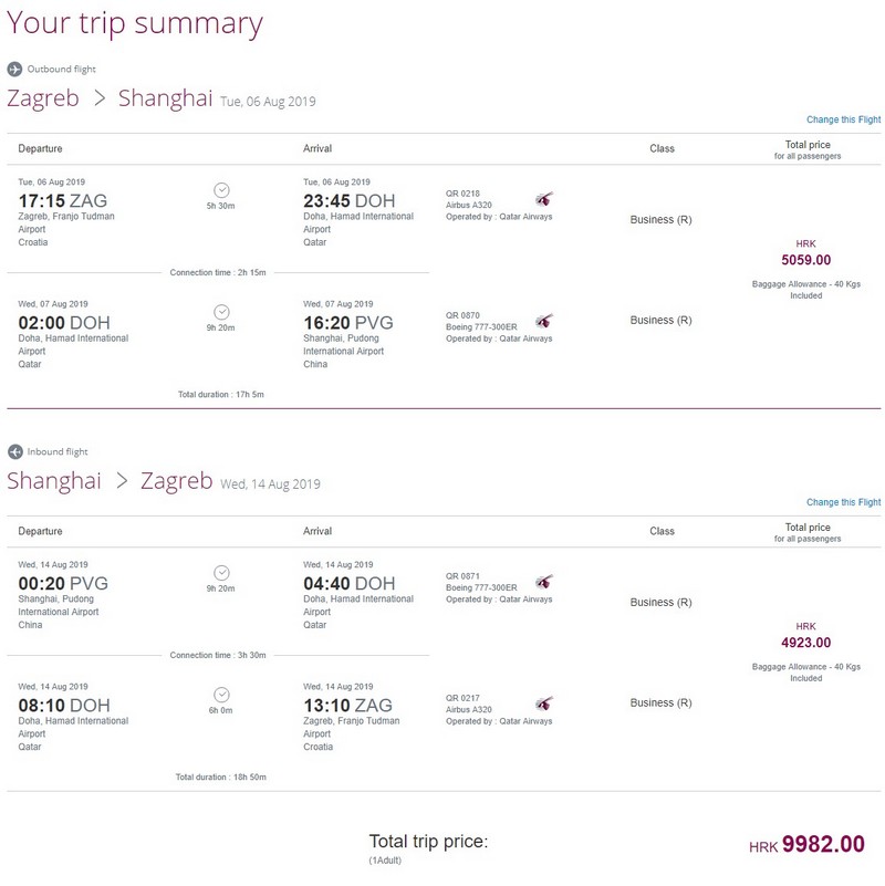 Preisbeispiel von Zagreb nach Shanghai in der Qatar Airways Business-Class